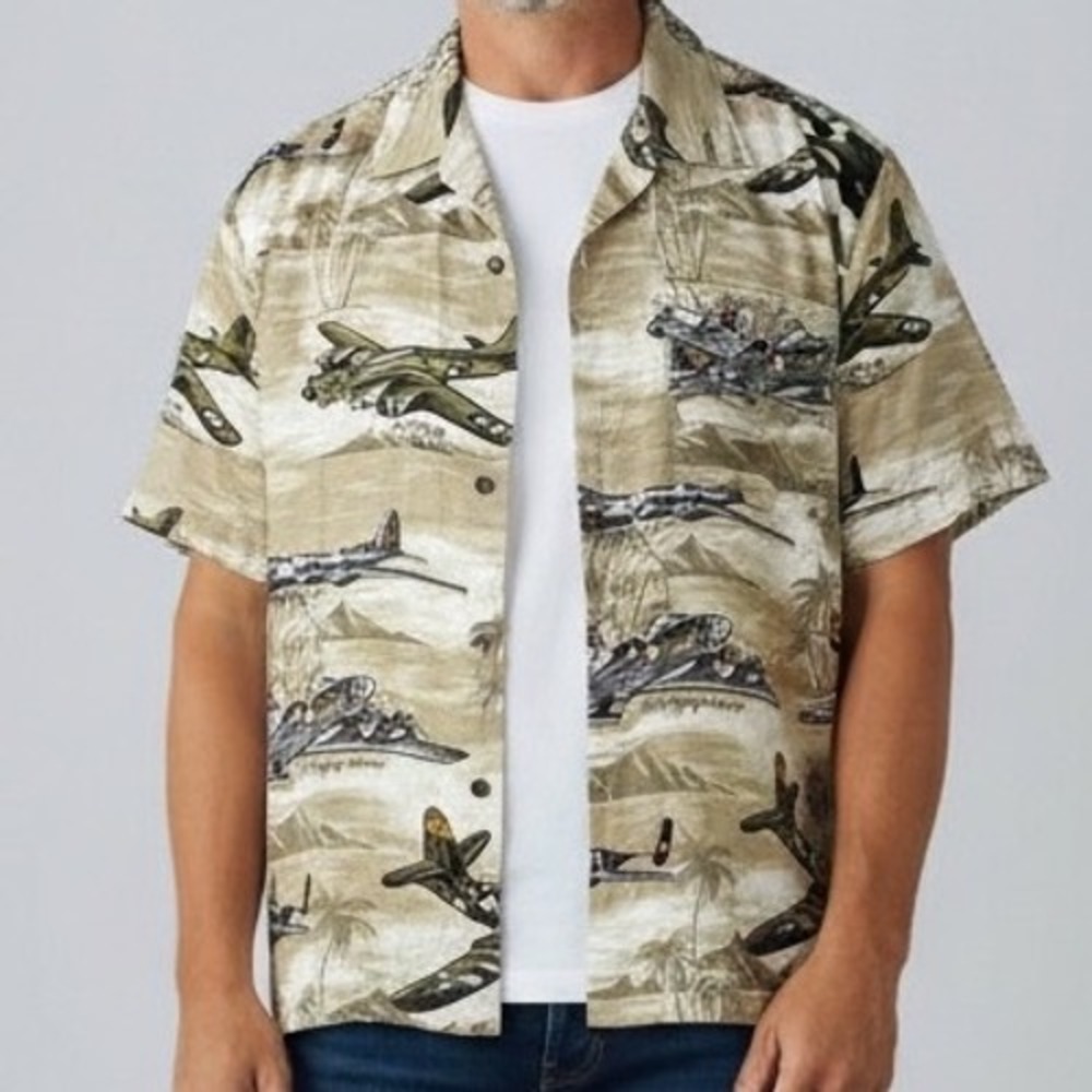 Monzini Mens Large shirt WWII Warplane B-17 B-24 B-25 VTG rockabilly aviation